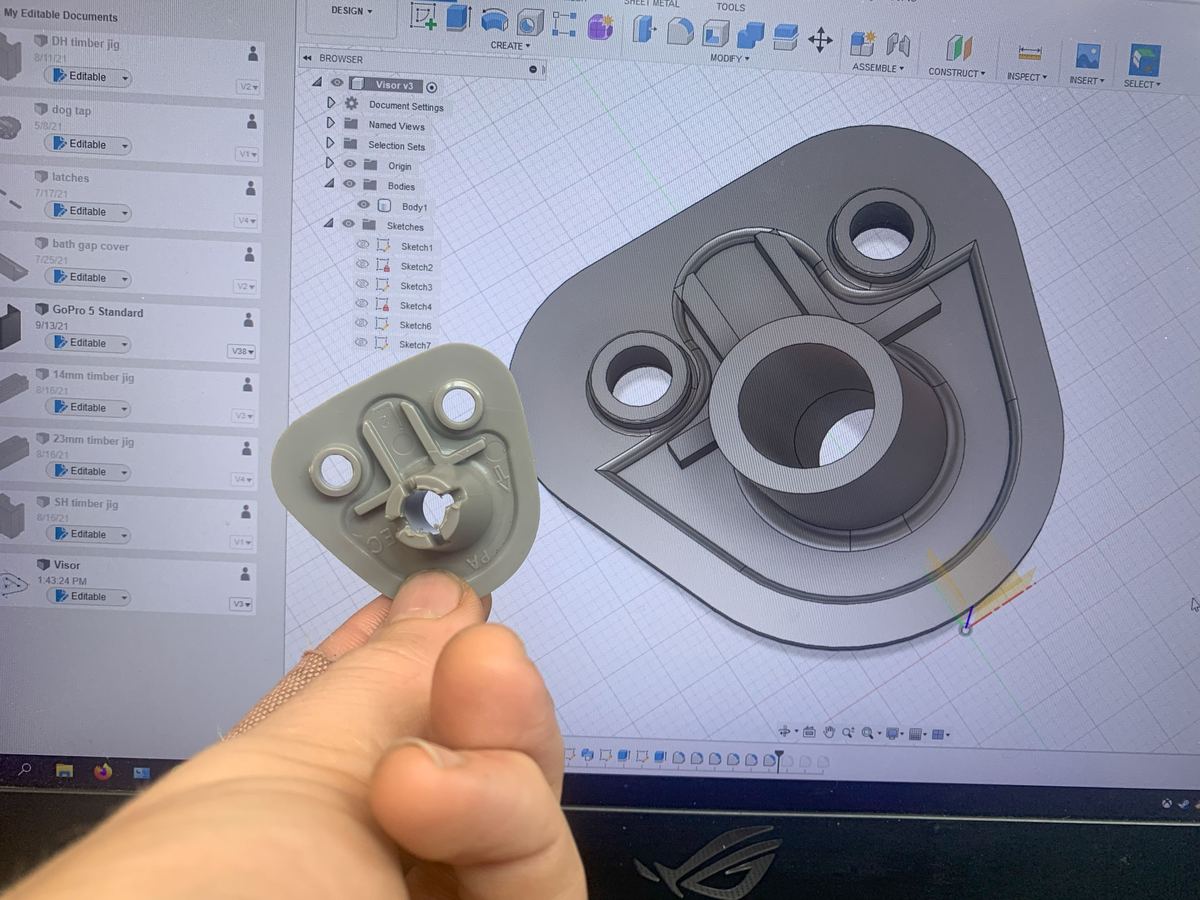 A part designed in CAD, printed and finished