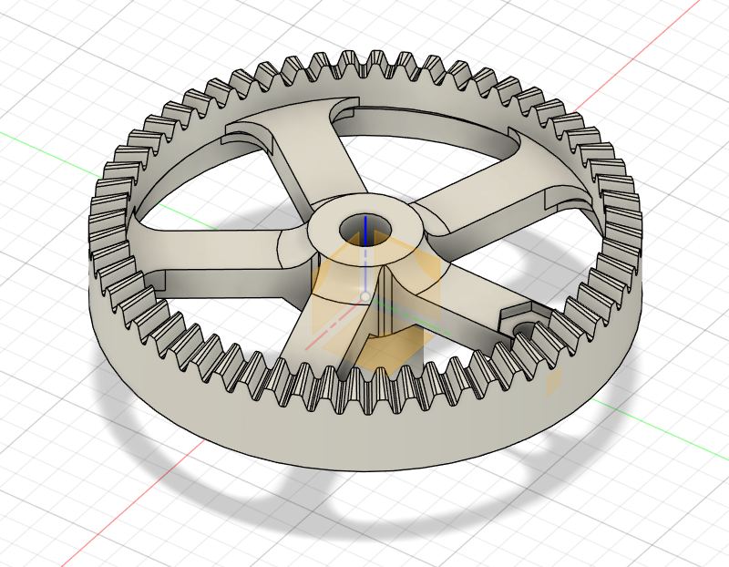 A precision CAD render of a spoked gear
